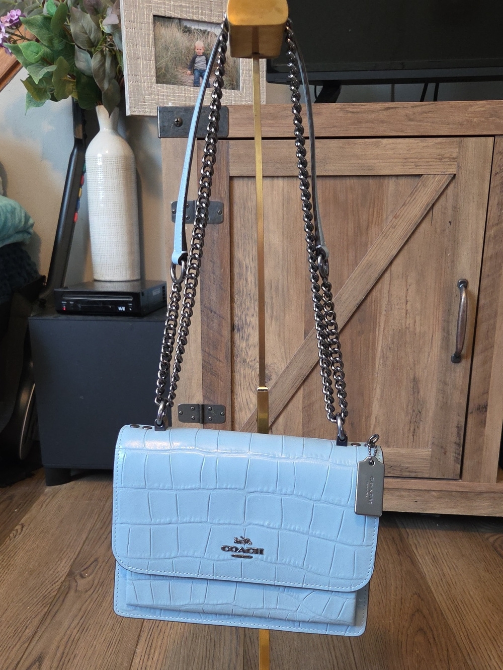 Coach Light Blue Croc-Embossed Adjustable Gun Metal Strap/Hardware